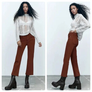 ZARA | Mid Rise Cropped Flare Wide Leg Raw Hem Rust Brown Jeans Size 4